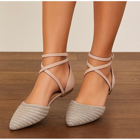 Torrid Rhinestone Nude Flats 9.5 WW (Fit 11) Sparkly Dressy Ankle Strap Shoes - Picture 1 of 10